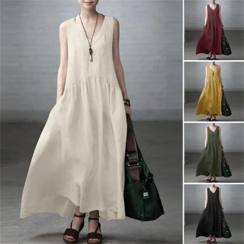 Summer Women's Long Dress Loose Pleated Fashion Sleeveless Solid Color Backless Cotton Linen Dress