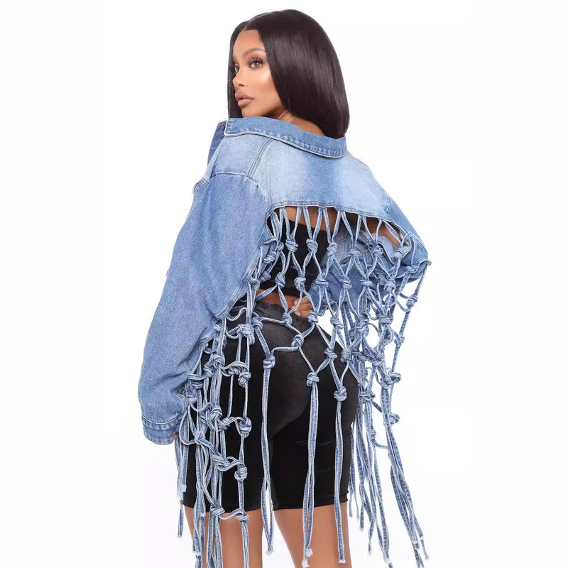 2024 Aliexpress Amazon wish Independent Station New Style Back Mesh Tassel Denim Jacket for Women 2024 Aliexpress Amazon wish Independent Station New Style Back Mesh Tassel Denim Jacket for Women