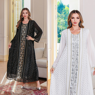 Cross-Border New Muslim Robe Dress Middle Eastern Clothing Abaya Middle Eastern Dress Long-Sleeved Mesh Robe