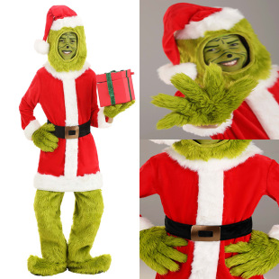 2024 Halloween Hot Style Green Fur Monster Grinch Cos Clothing Santa Claus with Fur Pants Suit Costume Batch