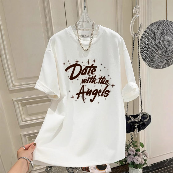 Pink Round Neck Short Sleeve T-Shirt Women's Loose 2025 New Summer High Texture Letter Casual Mid-length Top