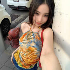 甜辣妹油画印花挂脖吊带小背心女夏季内搭不规则短款露背上衣外穿
