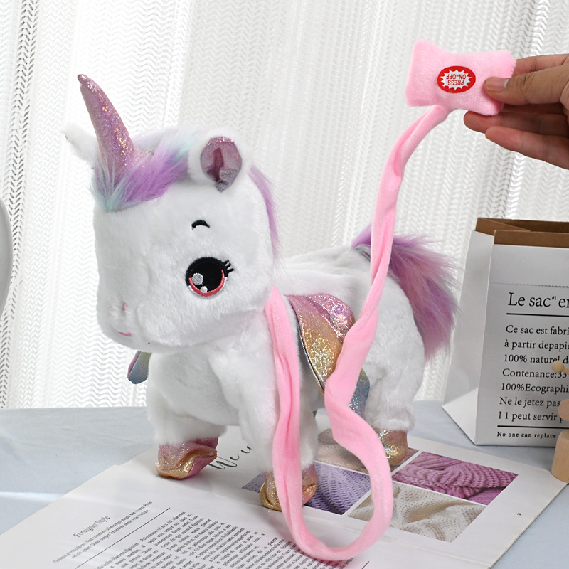 Juguetes eléctricos de peluche unicornio cantando cabeza y cola de simulación de cuerda de tracción unicornio mascota muñeca juguetes para niños