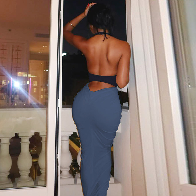 GraceChic European And American Fashion Cross-Border New Sexy Backless Halter Neck Patchwork Color-Block Long Bodycon Dress_voghion.com