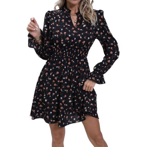 Trendy Women's Skirt—2024 Autumn New Arrival: Cross-Border E-commerce, European and American Style, Amazon—Off-Shoulder Long-Sleeved Waist-Hugging Floral Dress