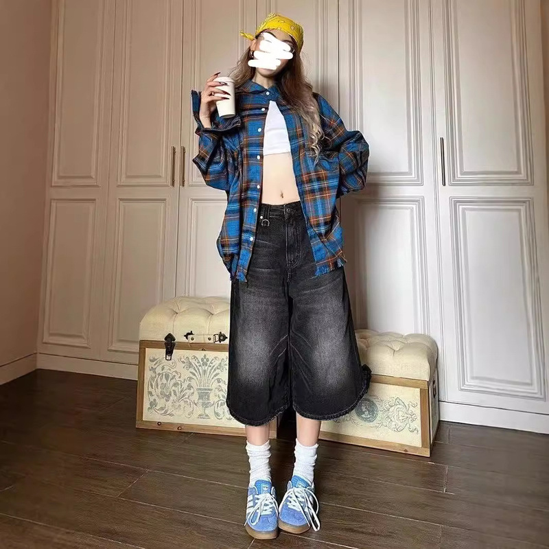 New American Style Ins Vintage Washed Cropped Jeans Women's Summer Design Sense Loose All-match Profile Wide-leg Pants