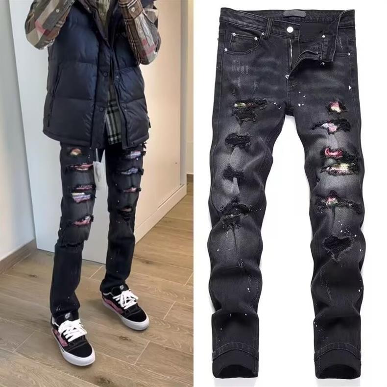 ​​Men's Slim Fit Distressed Patchwork Jeans - High Street Style Black Skinny Ripped Denim Pants For Casual Wear​​_mkmklike.com