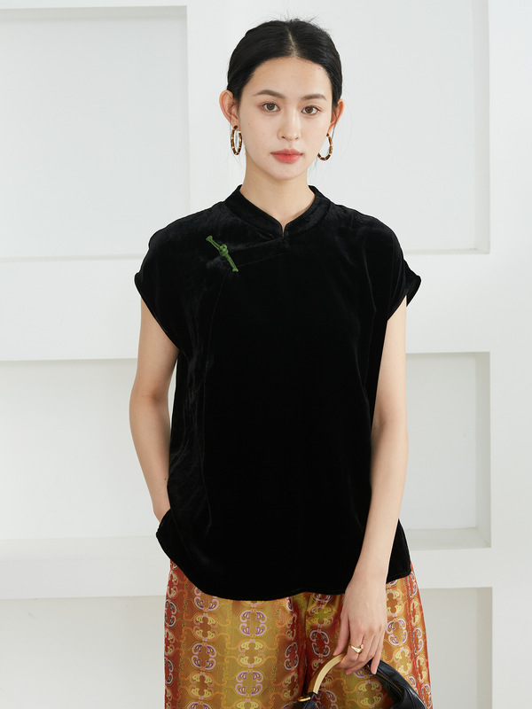高定 撞色盘扣丝绒斜门襟真丝短袖上衣女桑蚕丝新中式小衫国风秋|undefined