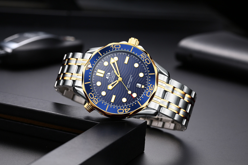 Vollautomatische mechanische leuchtende Stahlband Gold Herrenuhr AUTOMATISCHE UHR_voghion.com