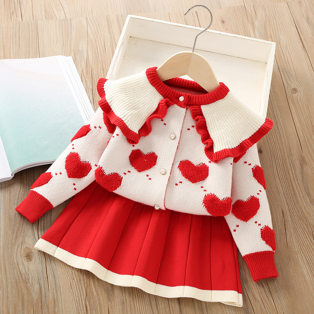 480g Weight Kids Clothing Sets Children's Clothing Type Long Sleeve Sleeve Length Polyacrylonitrile Fiber Fabric Type Skirt Sets Sets Type 2 Pieces Set Quantity Holiday, Daily, Selfie Occasion Round Neck Neckline Regular Fit Fit Type Heart Shape Pattern Winter, Spring, Autumn Season Girl'S Gender Casual, Elegant, Cute Style Casual Elegant Cute Heart Shape Polyacrylonitrile Fiber Girls Clothing Sets 2