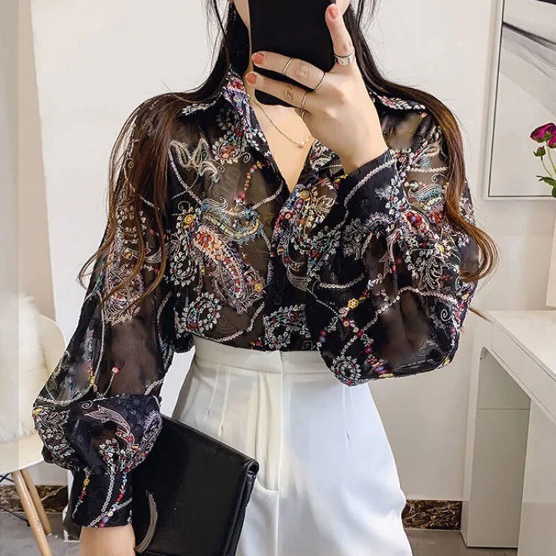 Sexy Perspective Air-conditioning Shirt Sun-protective Clothing Women's 2022 Summer New Style Elegant Printed Lantern Sleeve Chiffon Floral Shirt for Women