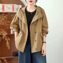 古咖服饰秋季韩版连帽纯色风衣外套女式大码宽松休闲外搭开衫上衣