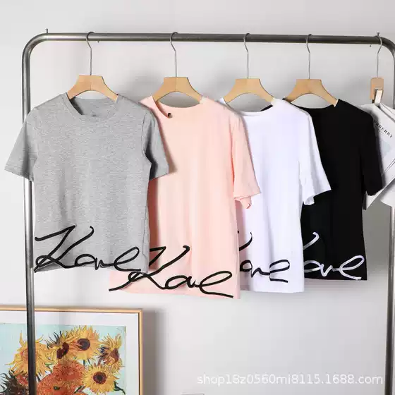US Style Kerr Women's Cotton Embroidered Letter Crew Neck Slim Fit Casual Short Sleeve T-Shirt 1712