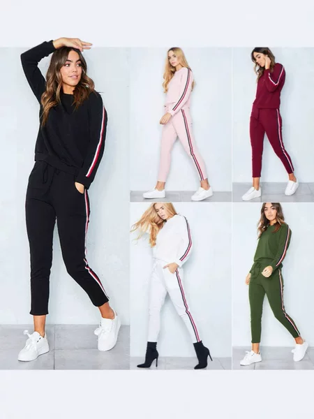 Spot Cross-Border E-Commerce Amazon Ebay European and American Women's Drawstring Side Red and White Stripesd Sports and Leisure Suit