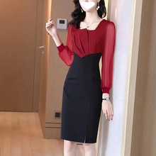 韩版连衣裙女2024春季新款网纱袖拼接气质修身显瘦包臀裙子