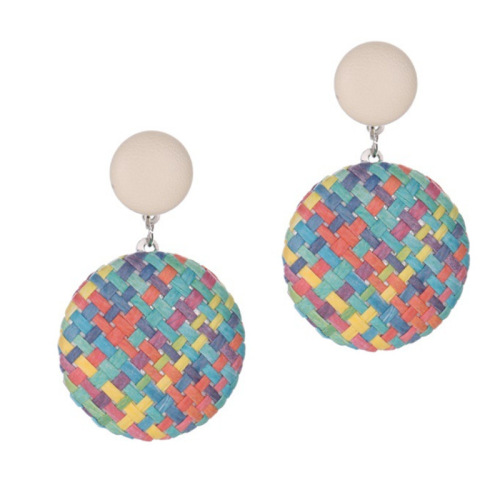 New European and American Cross-Border Earrings Bohemian Style Retro Button Drop Earrings Ethnic Style Woven Grass Paper Round Earrings