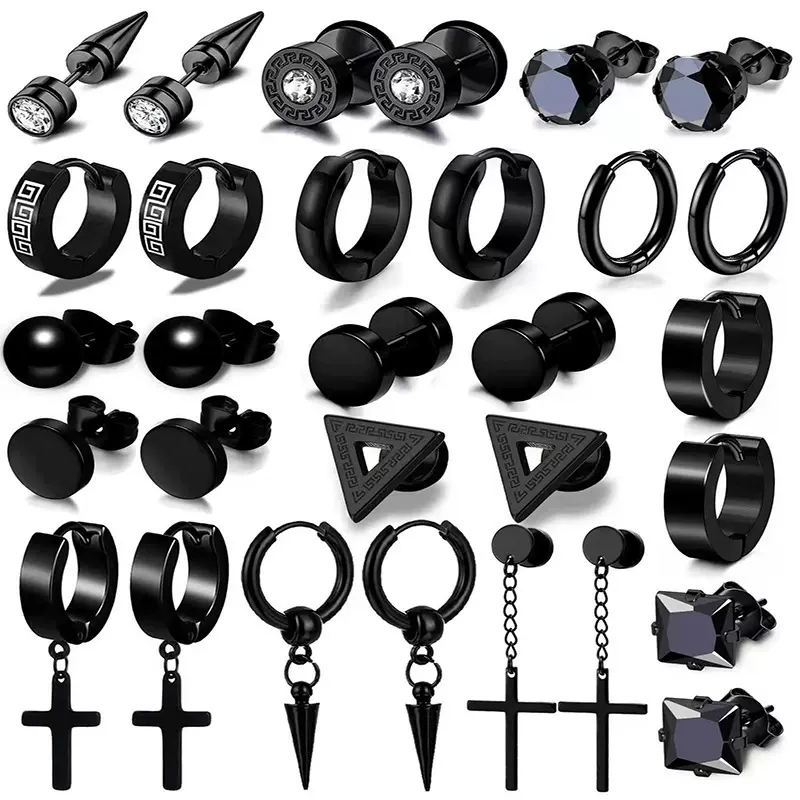 男士黑色不锈钢耳环耳钉套件女士时尚穿孔珠宝十字吊环耳环套装