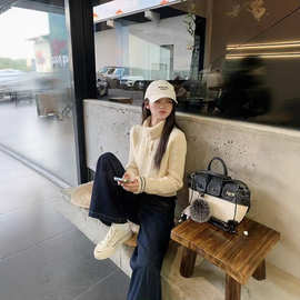 白色切糕撞色麻花高领针织毛衣女25秋冬新款慵懒风宽松显瘦上衣潮