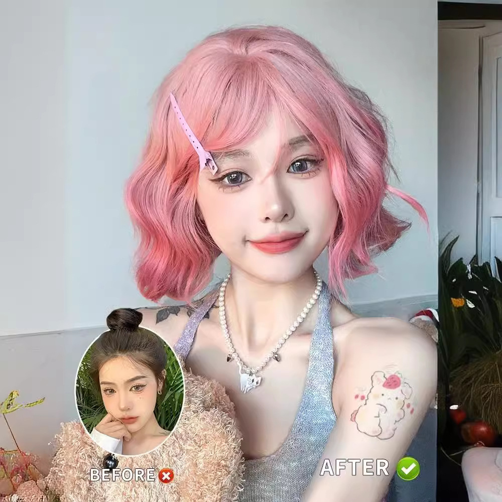 Peruca de cabello corto para mujeres naturales nuevos rollo de lana pelucas japonesas Lolita rosa pelucas para mujeres cubierta de cabeza completa