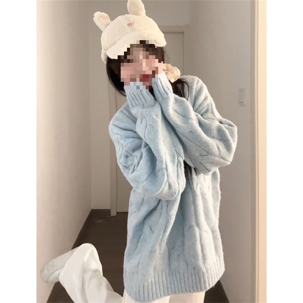 韩版百搭甜妹慵懒风麻花蓝色套头毛衣冬季时尚贴布宽松叠穿针织