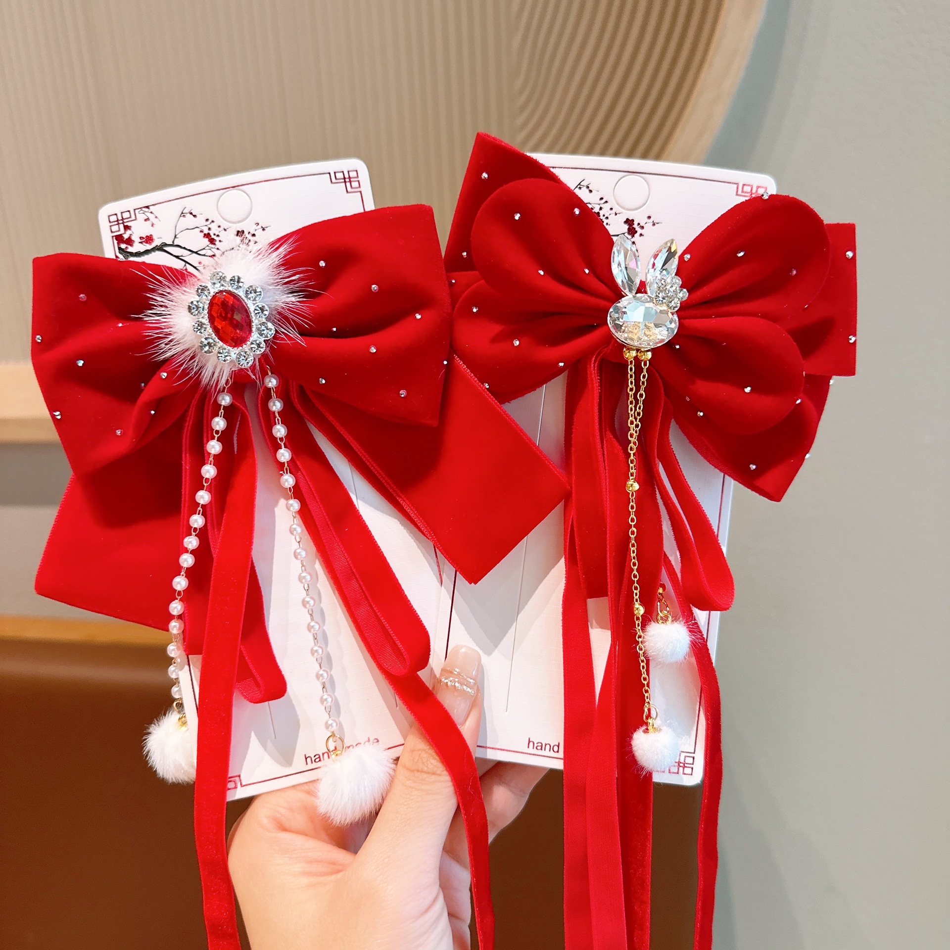 2025 Año Nuevo niños clip de boca de pato rojo correa de viento chino tarjeta de cabello para niñas adornamientos de cabello de Año Nuevo clip de cabello de arco