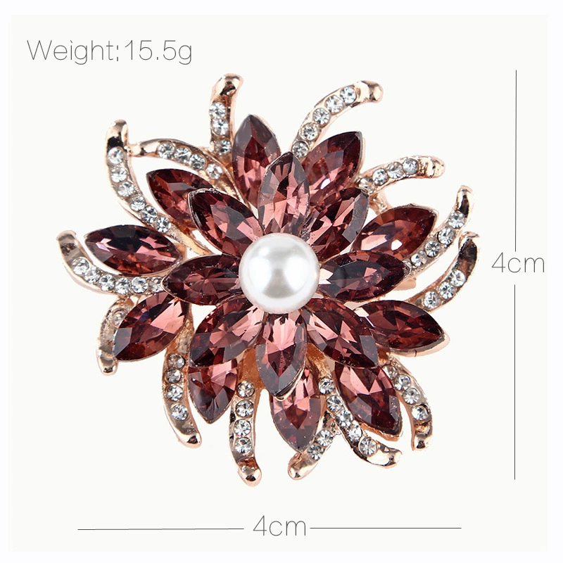 Floral brooch pin, stone inlay with imitation pearl and crystal accents, Korean style