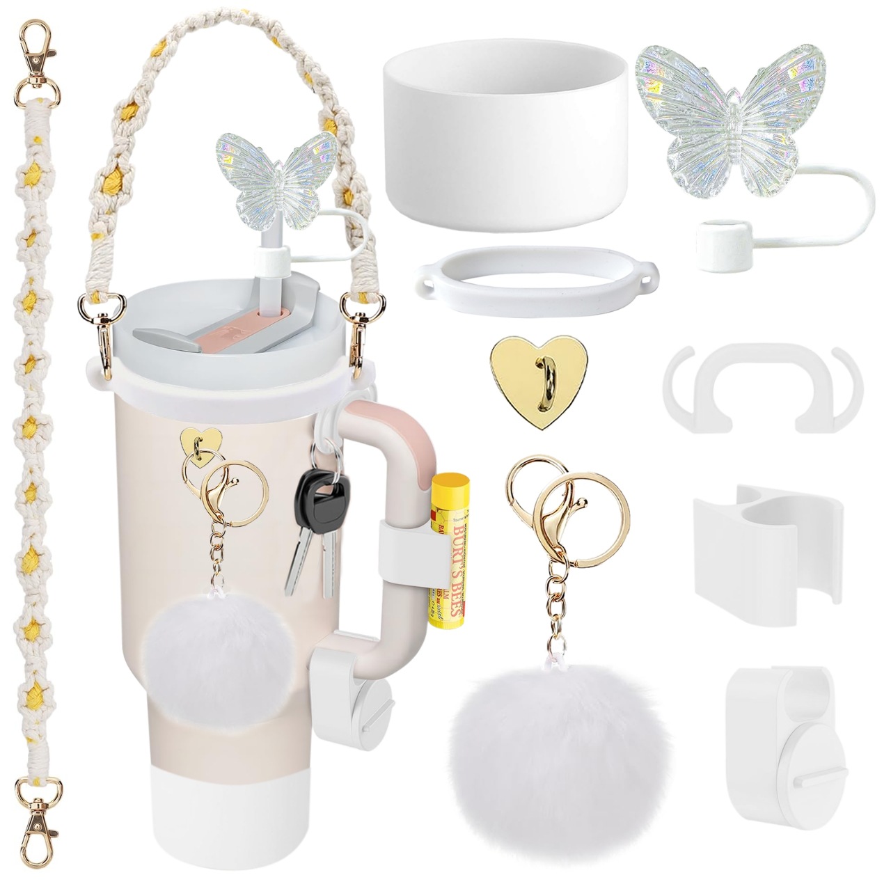Accesorios de taza Stanley colgante de cuerda de mano flor de silicona gorra de paja de peluche colgante de taza cadena de taza de color cubierta de taza