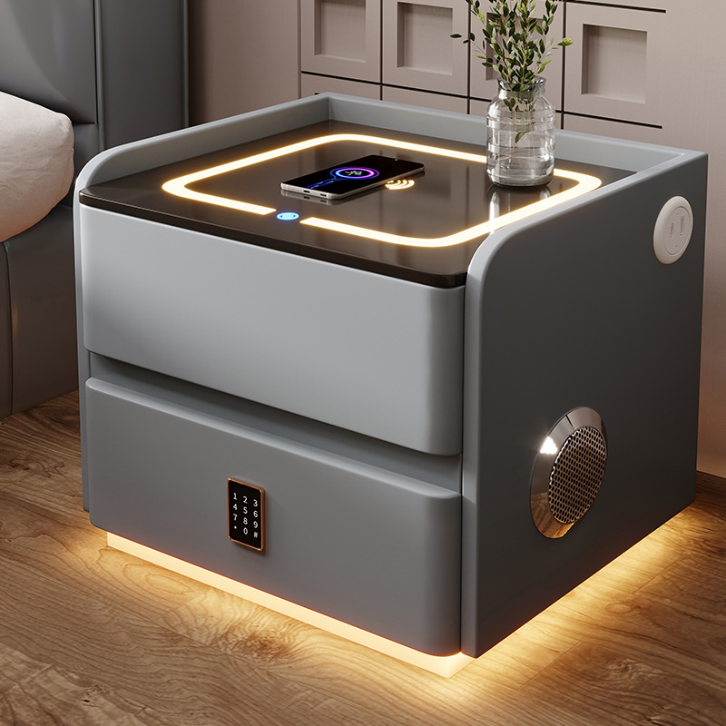 Mesita de noche inteligente de madera maciza suspendida de viento crema con luz