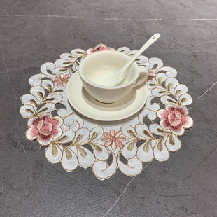Cross-border New European Coffee Coaster Bowl Mat Round Polyester Embroidered Handmade Hollow Home Hotel Fabric Dining Mat