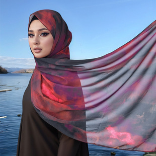 Cross-border New Tie-dyed Chiffon Digital Printed Long Scarf Muslim Ladies Fashion Lightweight Comfortable Baotou Scarf