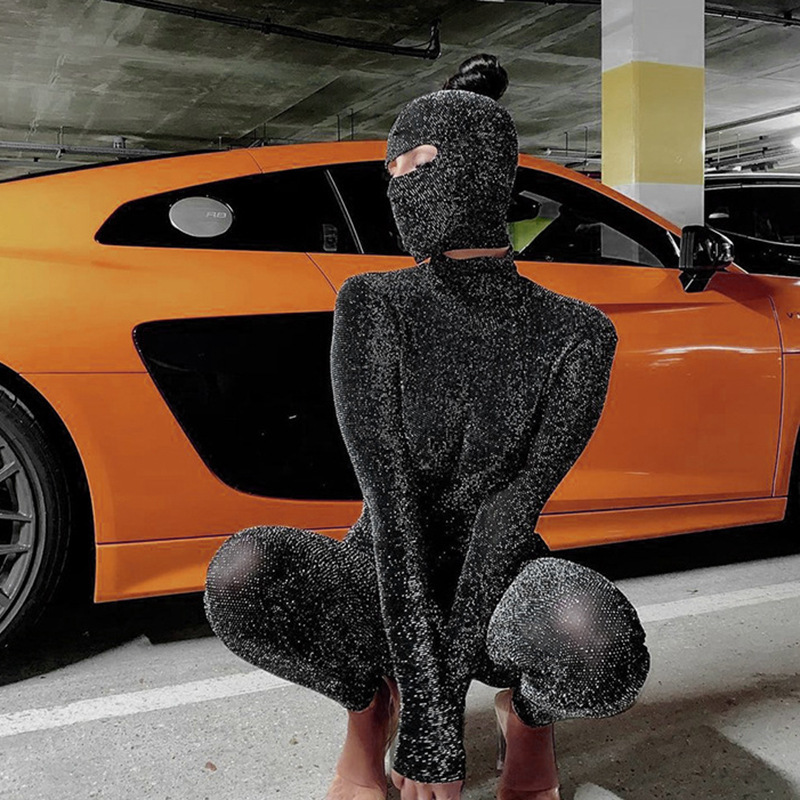 European and American Style Cross-Border 2022 Autum Fashion Sexy Glitter Backless High Collar Long Sleeve Slim Hat Jumpsuit Wholesale