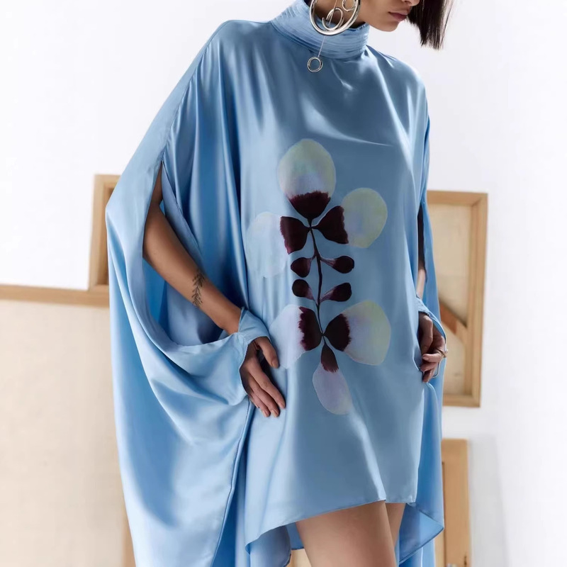 European and American Cross-Border Spring and Summer New Style, Personalized and Stylish Satin Print Dress, High-Neck Batwing Sleeve Elegant Mid-Length Dress European and American Cross-Border Spring and Summer New Style, Personalized and Stylish Satin Print Dress, High-Neck Batwing Sleeve Elegant Mid-Length Dress