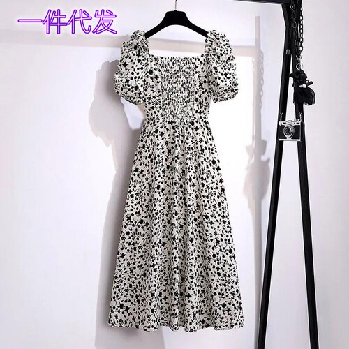 Floral Dress for Women - Summer High-End Elegance, Slimming, Retro French Square Neck, Slit Skirt - Trendy