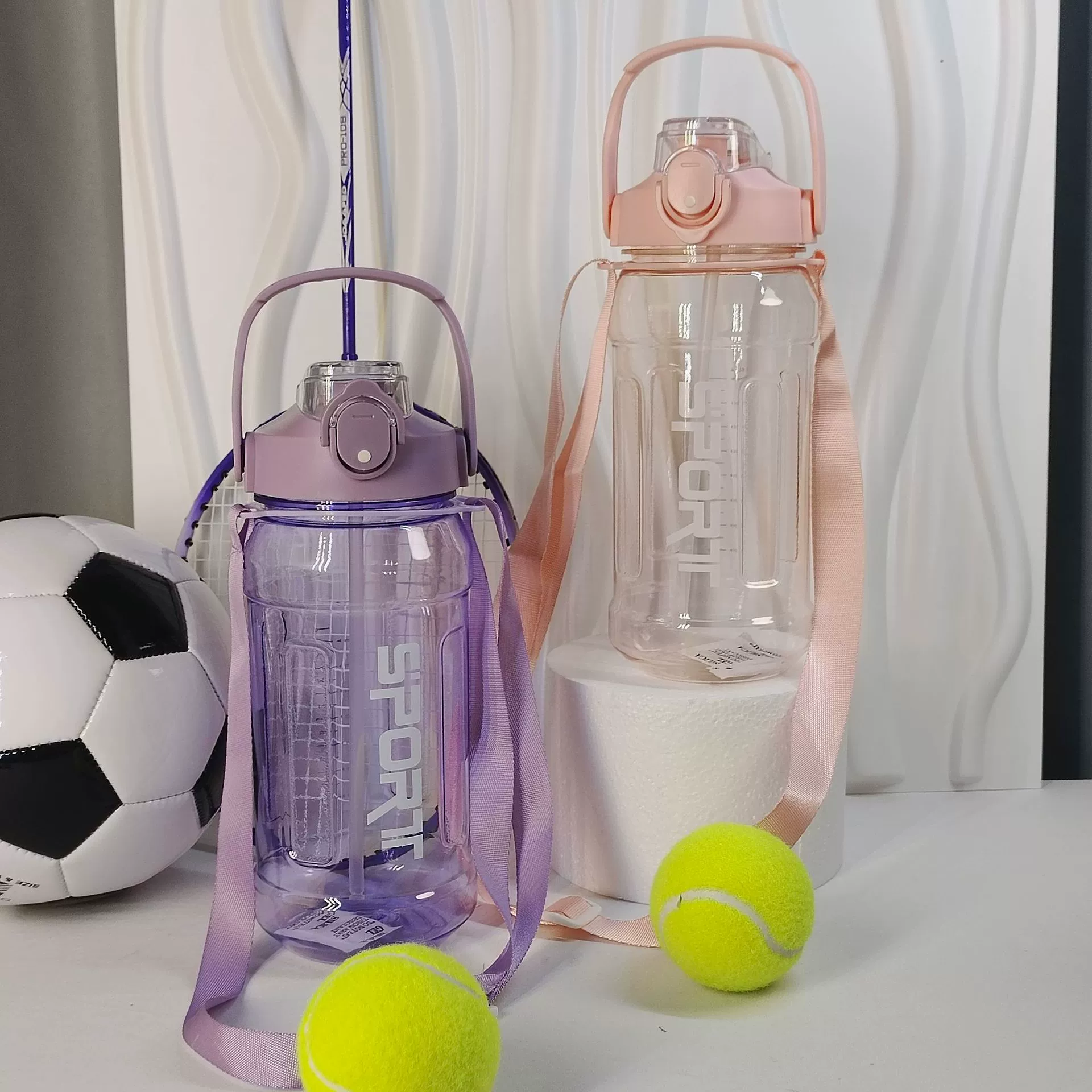 Capacious travel summer sports bottle with glass, space straw for gym, sports glass