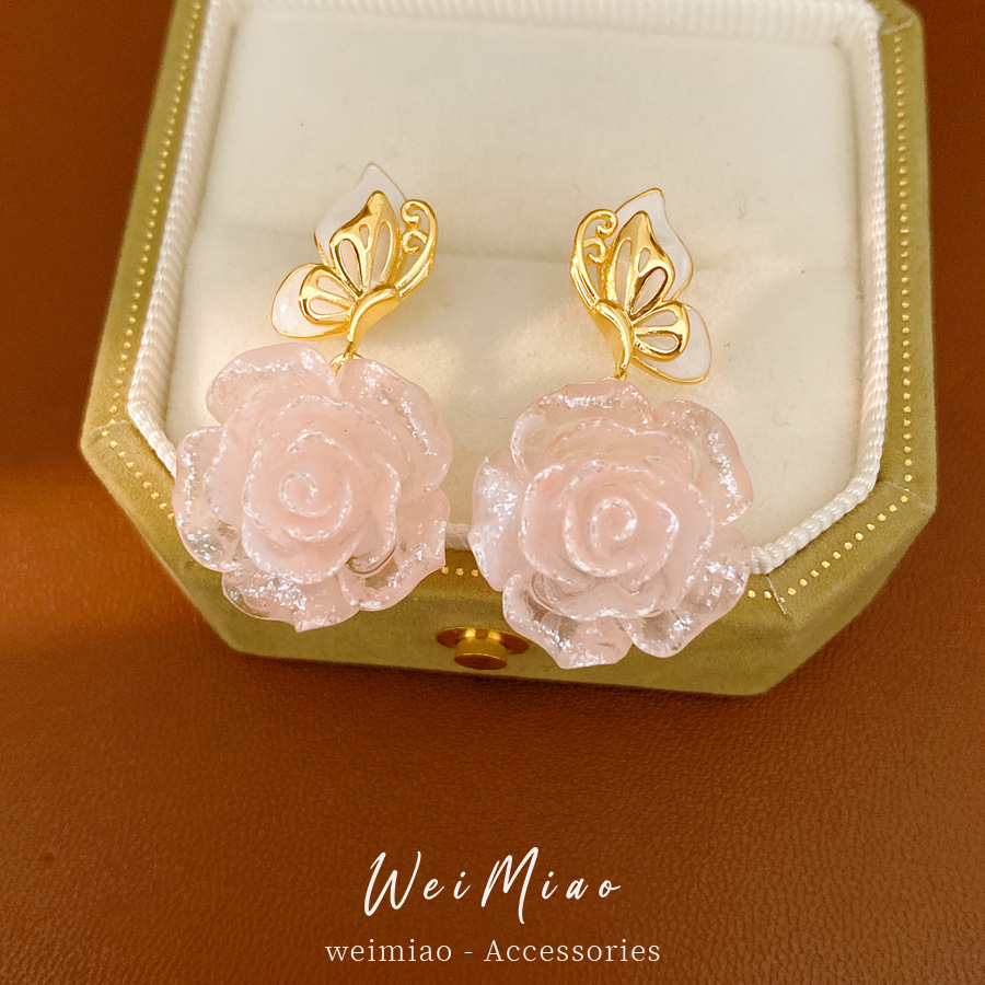 Agujas de plata goteando aceite de resina de mariposa flor pernos de aretes de brillo dulce temperamento fresco pendientes de moda lujoso ligero de alta sensación de aretes image 4