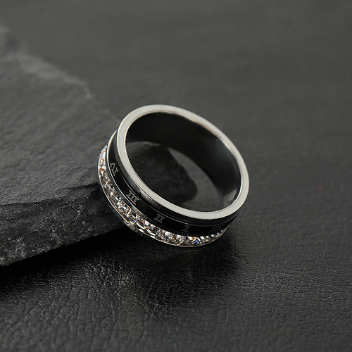 Korean version of cross-border titanium steel ring for women niche star-studded diamond rotatable Roman numeral ring stainless steel jewelry