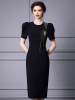 Hip wrap skirt， fireworks studded diamond high waisted bubble sleeve dress