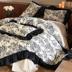 法式床裙款100S高支長絨棉四件套復古花卉被套柔軟全棉床上用品