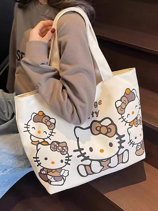 2025 新漫画学生通勤ショルダートートバッグハローキティ猫キャンバスバッグ大容量トートバッグ|undefined