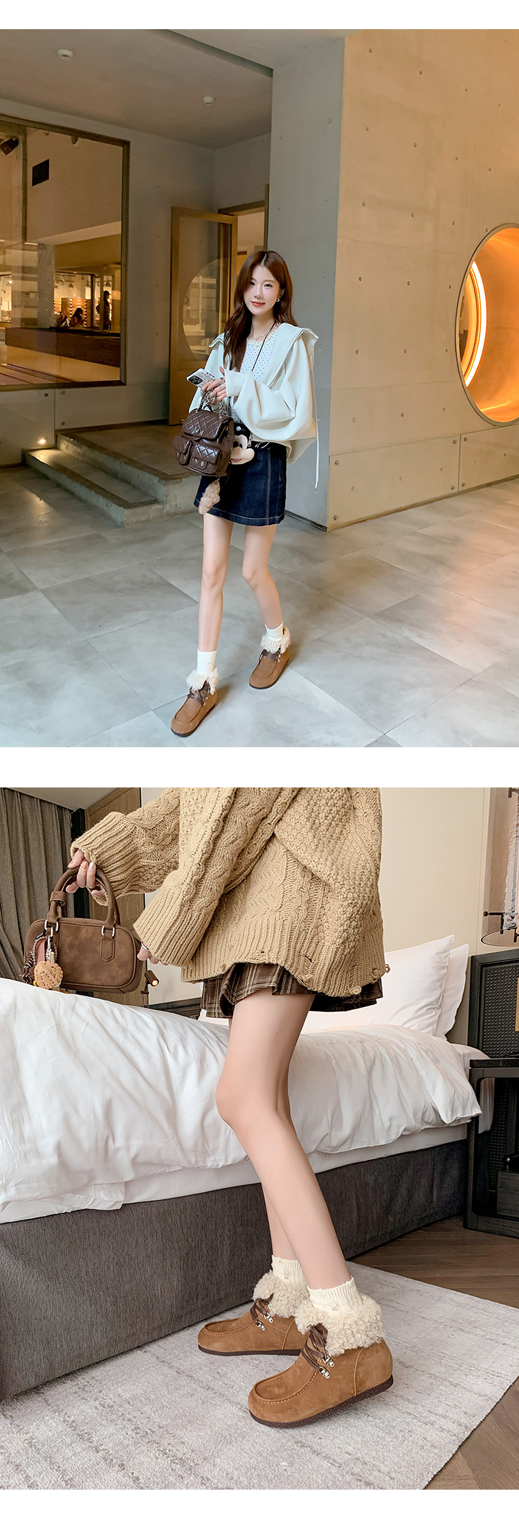Boot tuyết nữ cổ cao lót lông giữ nhiệt, mũi tròn, dây buộc, tăng chiều cao bên trong — Vàng kem lót đơn, Đen lót nhung, Vàng kem lót nhung, Nâu lót nhung chi tiết 11