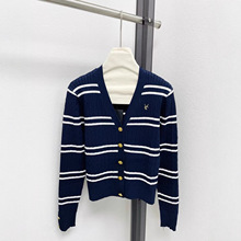 25早秋新款南油高定Y+撞色条纹麻花纹V领修身显瘦针织开衫上衣女