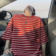 特批P30无差价夏季潮流条纹宽松圆领五分短袖T恤男休闲上衣T5085