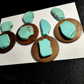 vintage中古绿松石木头吊坠夸张大耳环银耳针耳夹女复古时髦