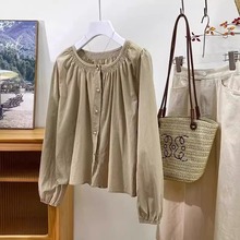 纯棉圆领衬衫女新款韩版百搭纯色单排扣长袖上衣女小衫A2992