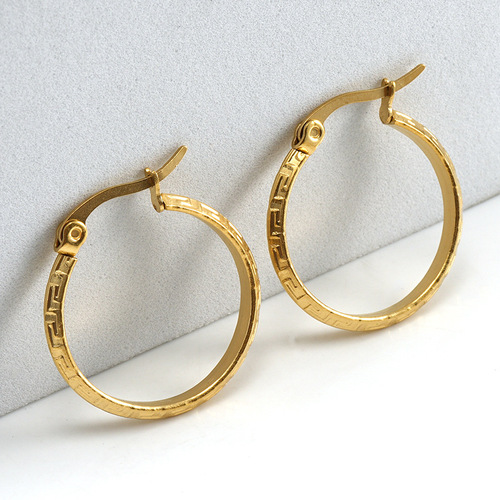 Cross-border Titanium Steel Round Earrings for Women, Simple European & American Style, 18K Stainless Steel, Great Wall Pattern Clasp Earrings, Wholesale Price