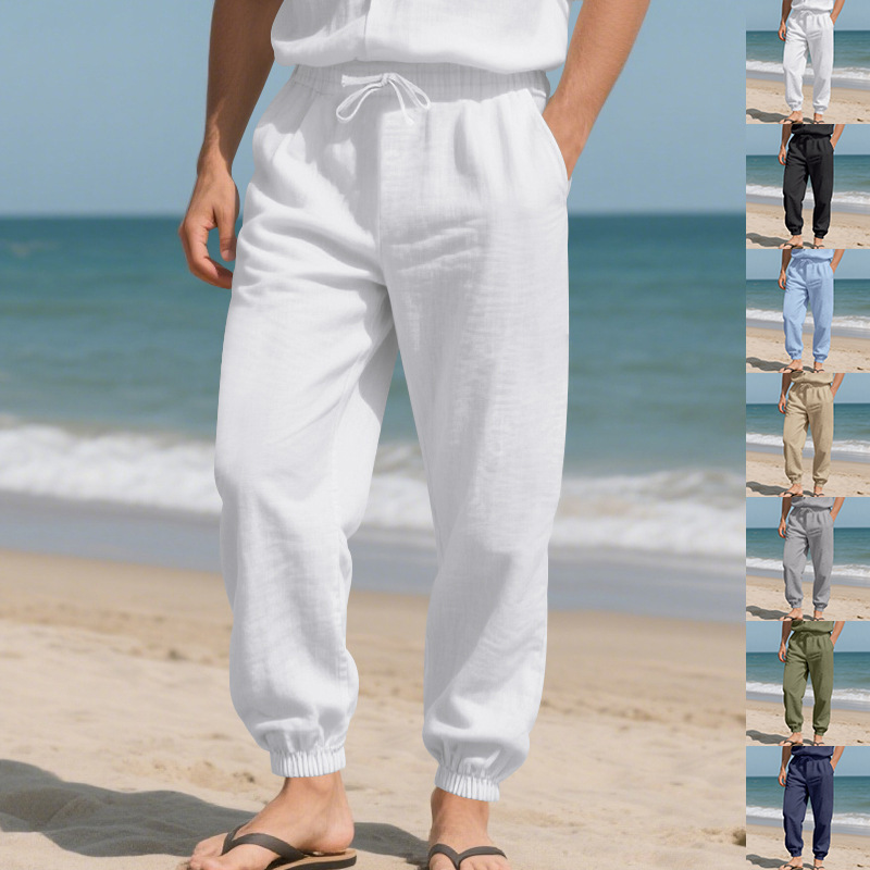 European and American Cross-Border Independent Station Four-Season Beach Trendy Men's Loose Linen Large Size Casual Sports Leggings Trousers for Men