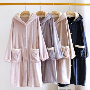 Solid Color Winter Couple Nightgown Coral Fleece Pajamas Women's Simple Jacquard Flannel Men's Home Clothes suit Nightgown