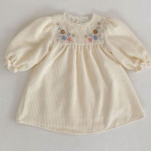 Girls Dress Spring 2024 Spring New Children's Spring Style Little Girl Corduroy Embroidered Long Sleeve Princess Dress