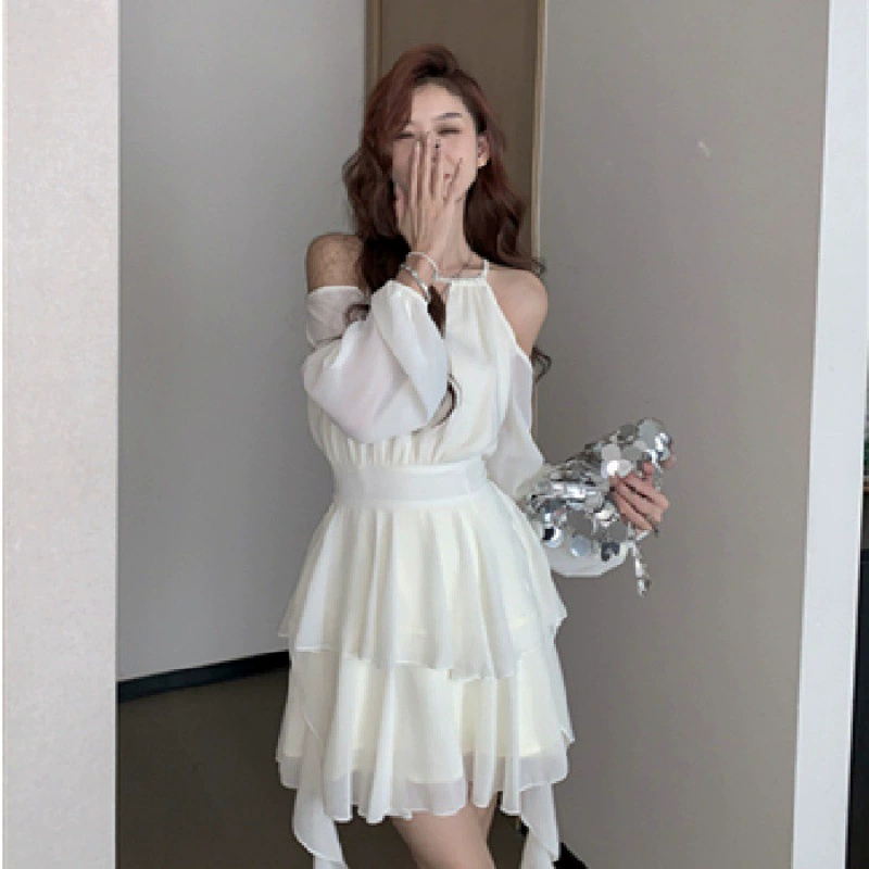 Модное платье на плечо с вырезом Sense для ранней осени, Женская весенне-осенняя французская юбка-трапеция с длинными рукавами и оборками на талии