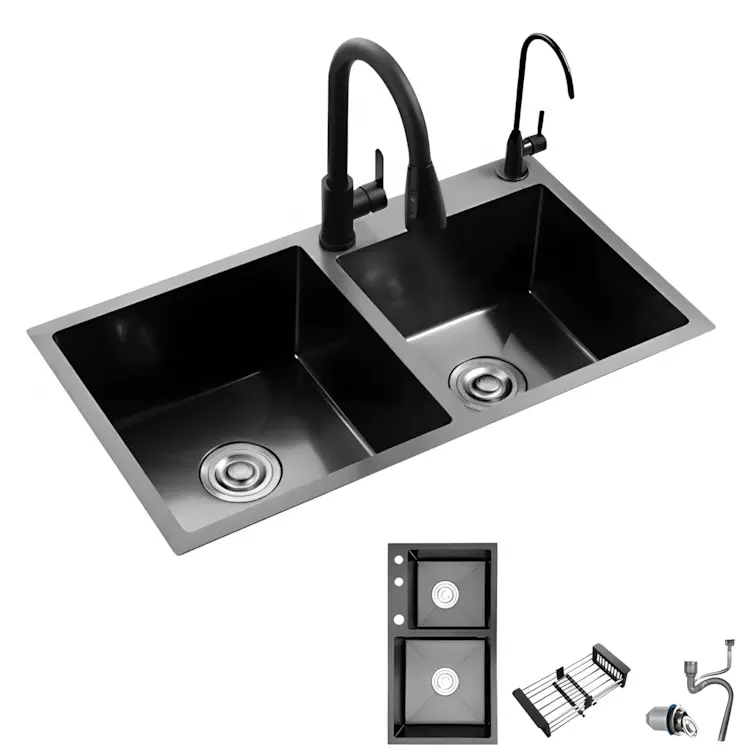 黑色纳米厨房水槽大单槽304不锈钢手工洗碗池洗菜盆洗碗双槽全套